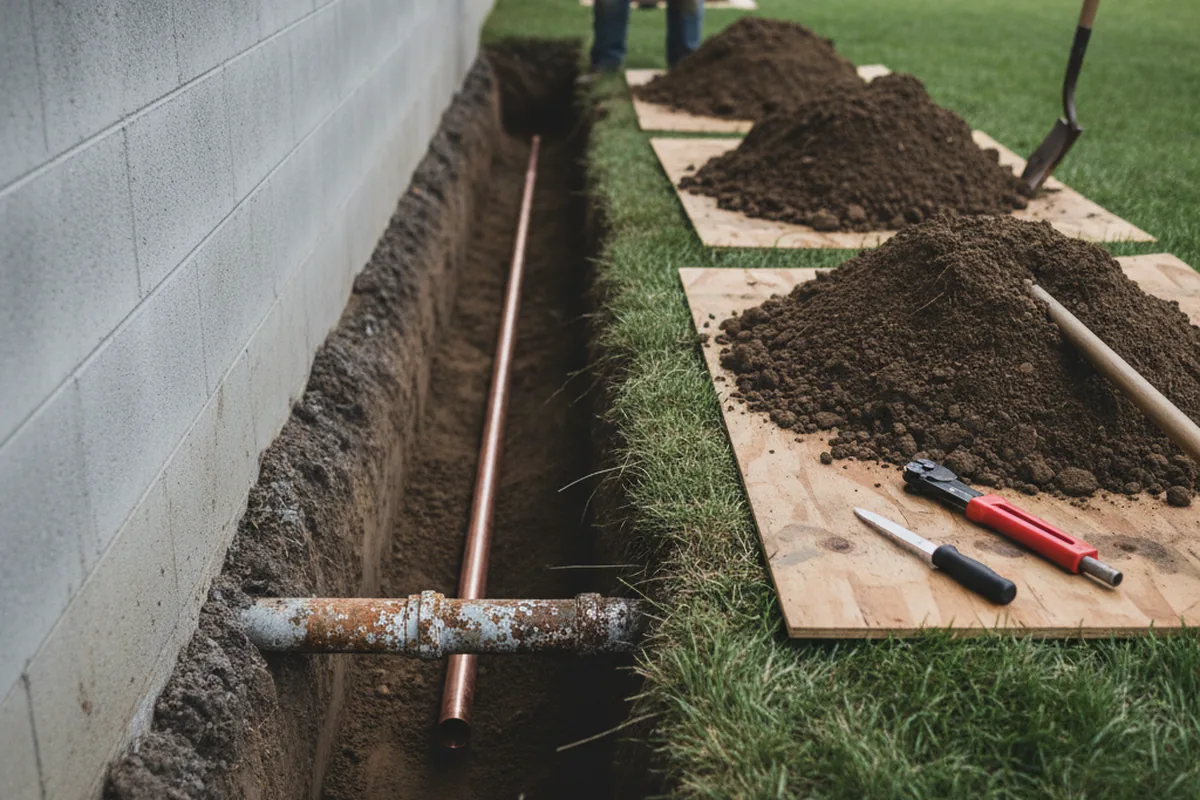 Excavated water line trench during Water Softener Installation in Bonnieville